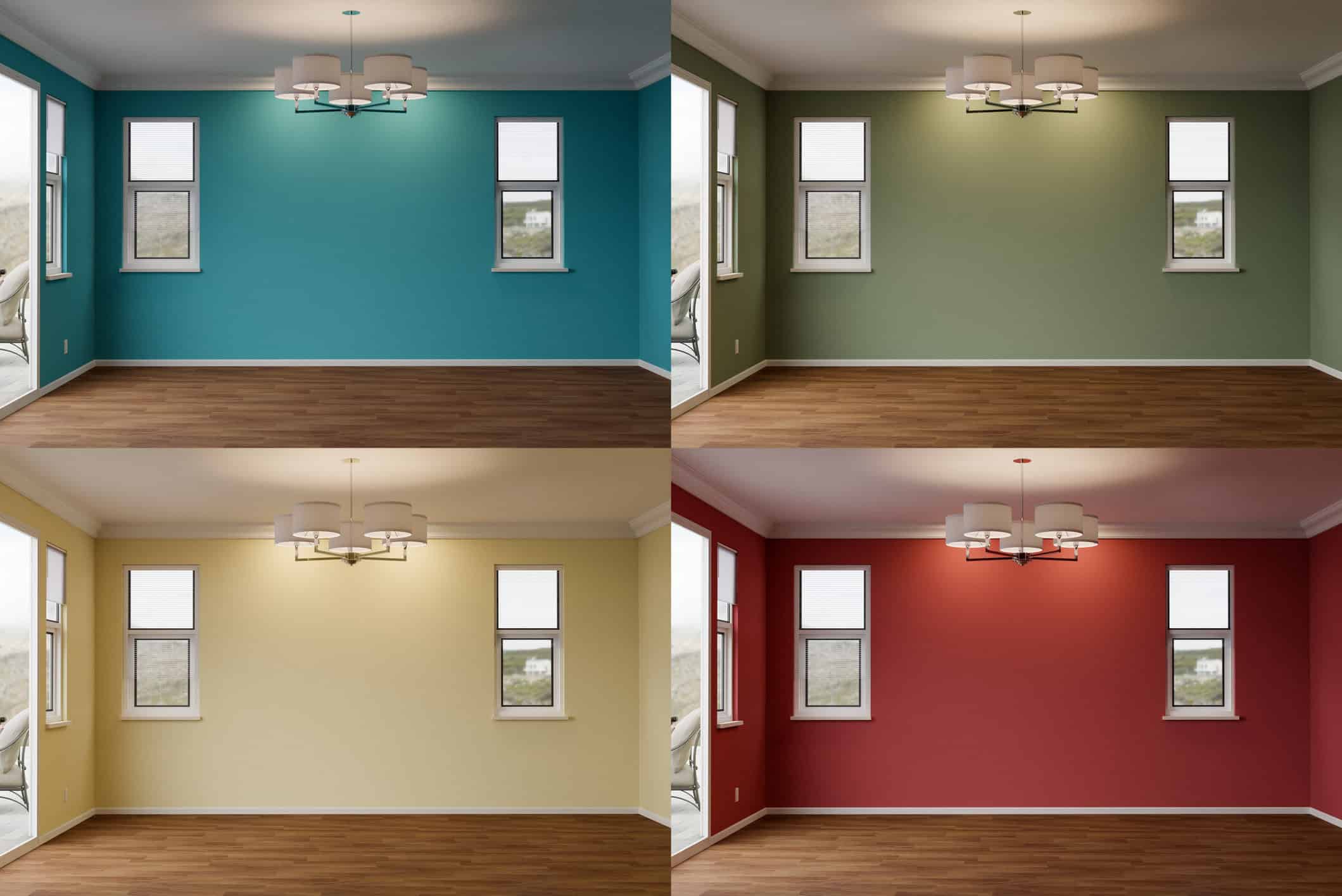 Comparison of Newly Remodeled Room of House with Wood Floors, Moulding, Ceiling Lights and Four Different Painted Wall Colors.