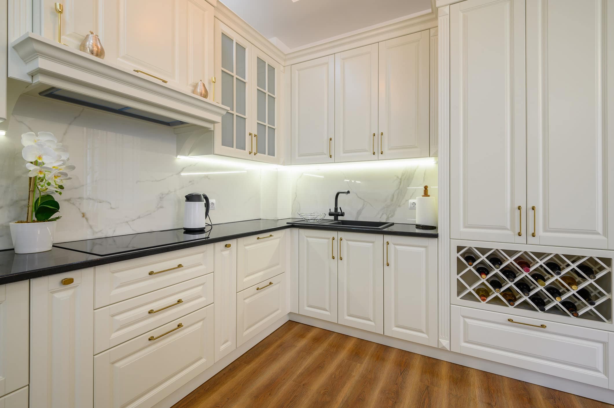 White luxury modern classic kitchen furniture, interior house painting in winter